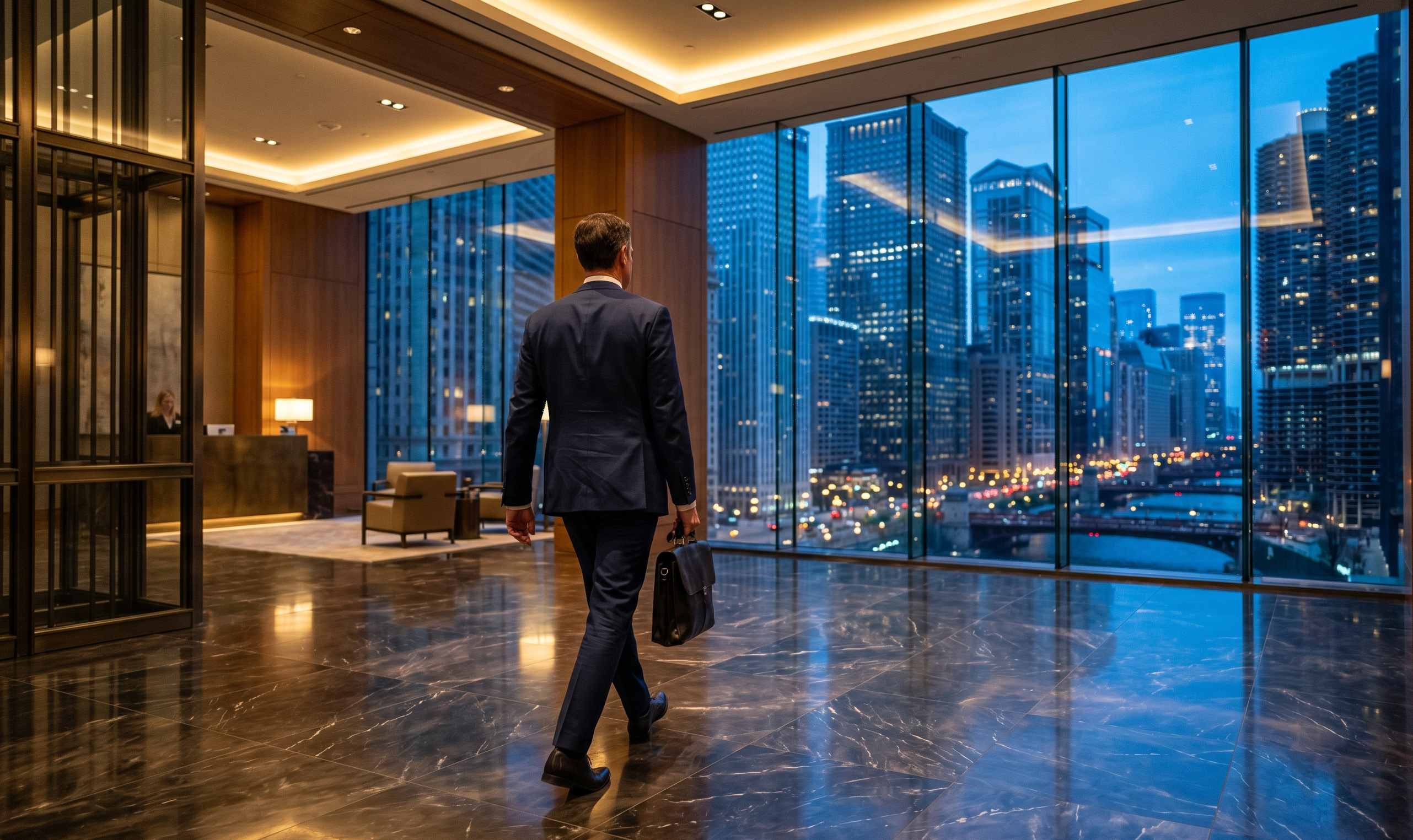 Business executive walking through a luxury corporate headquarters lobby
